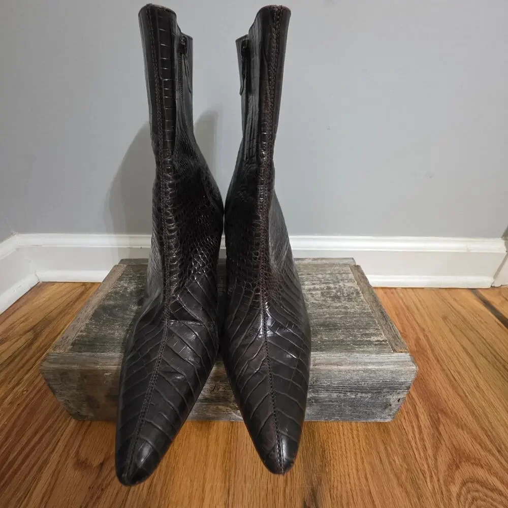 Ann Taylor Brown Croc Embossed Leather Pointed Toe Heeled Ankle Boots Size 8M